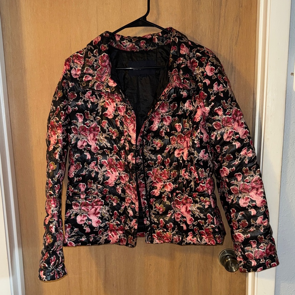 Lands End Lightweight Floral Quilted Puffer Jacket Snaps Pockets Medium